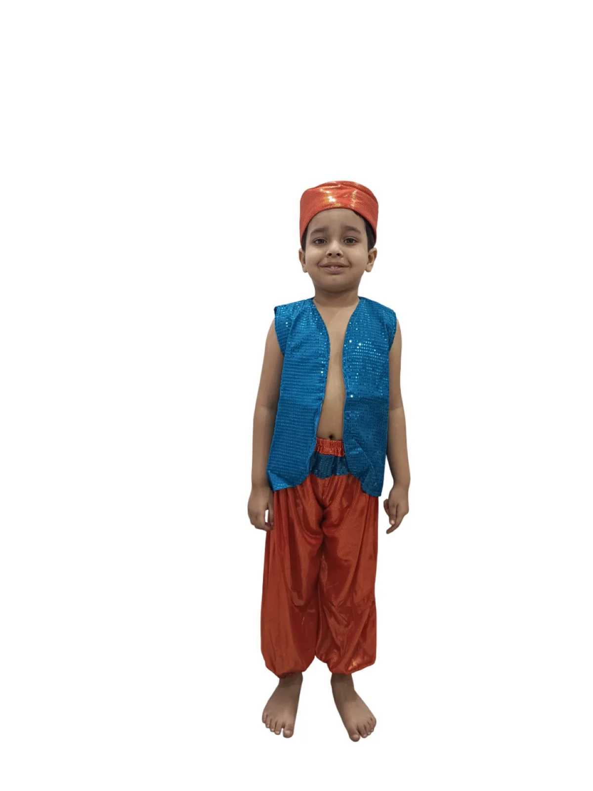 Arabian Boys Western Belly Dance Costume Shirt Harem Pant Cap for Kids Costume | Blue & Red