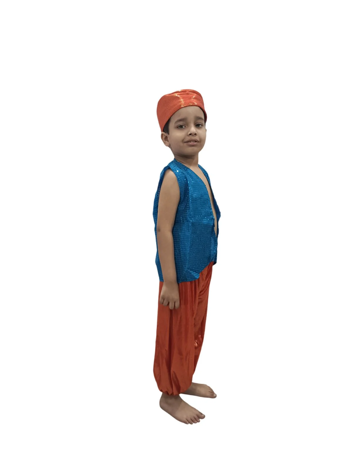 Arabian Boys Western Belly Dance Costume Shirt Harem Pant Cap for Kids Costume | Blue & Red - Image 2