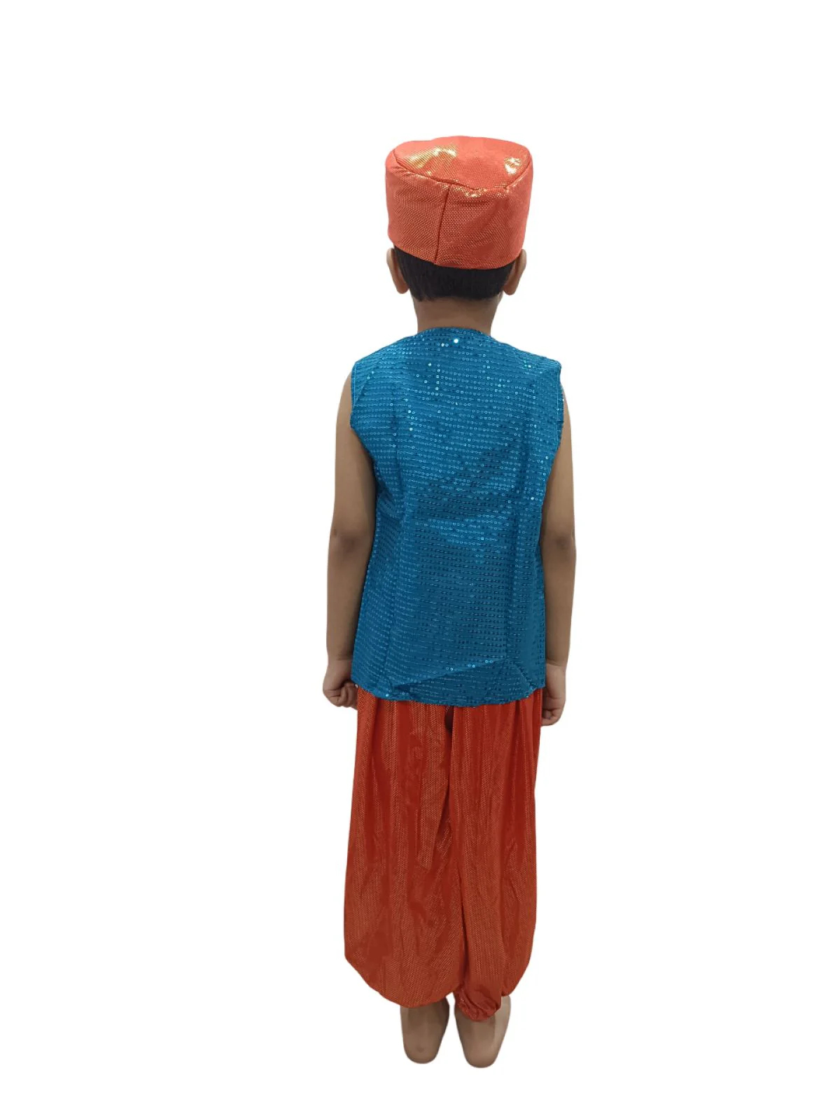 Arabian Boys Western Belly Dance Costume Shirt Harem Pant Cap for Kids Costume | Blue & Red - Image 3