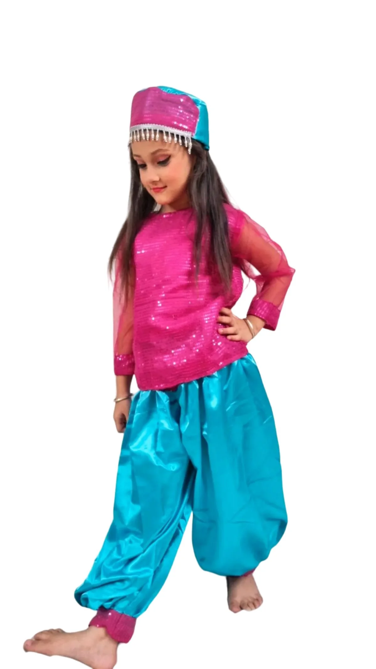 Arabian Girl Pink & Blue Belly Dance Western Dance Performance Costume for Girls Kids Fancy Dress Costume - Image 5