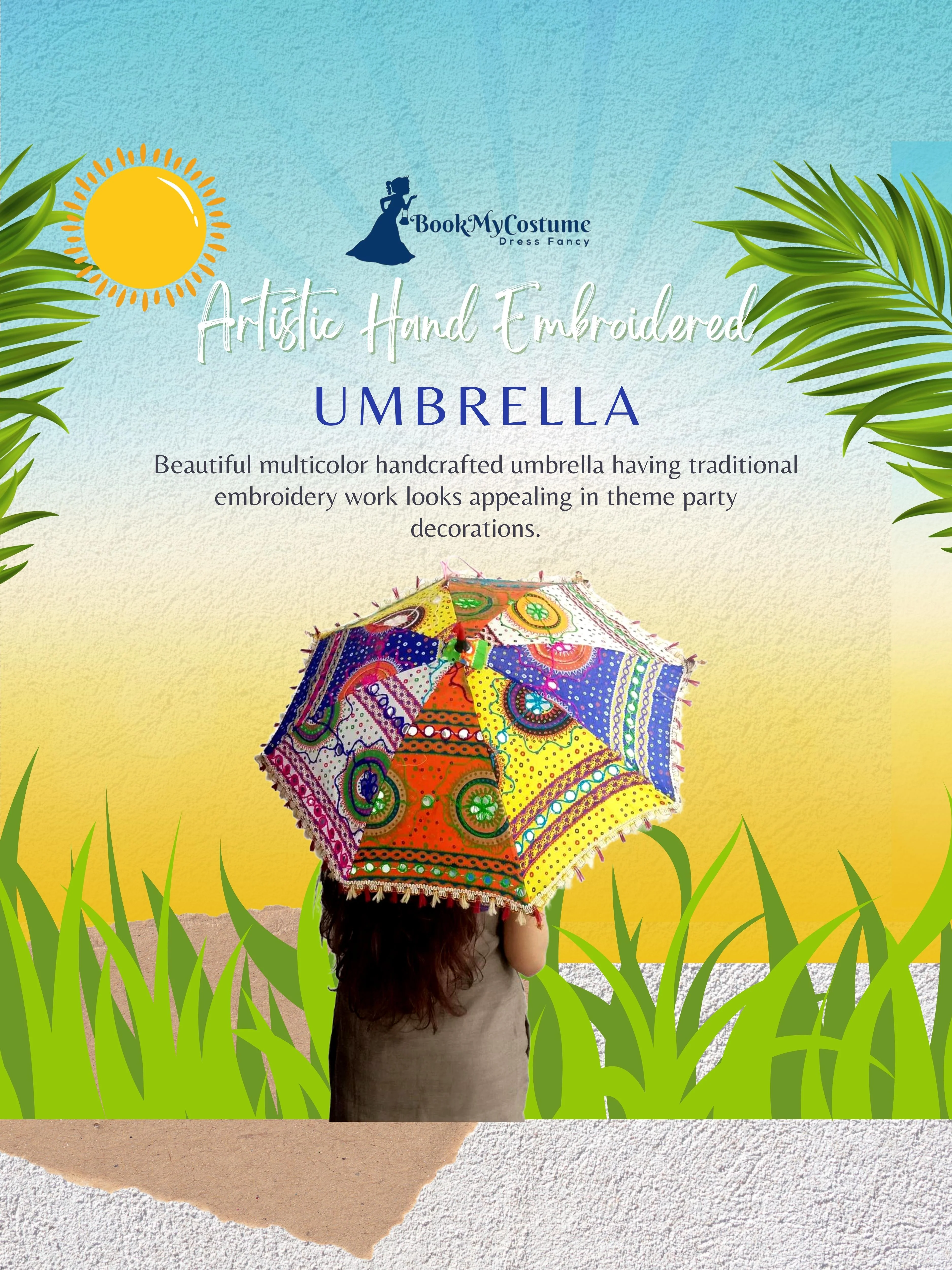 Artistic Hand Embroidered Fashionable Cotton Parasol Umbrella Kids & Adults Costume Accessories - Image 3