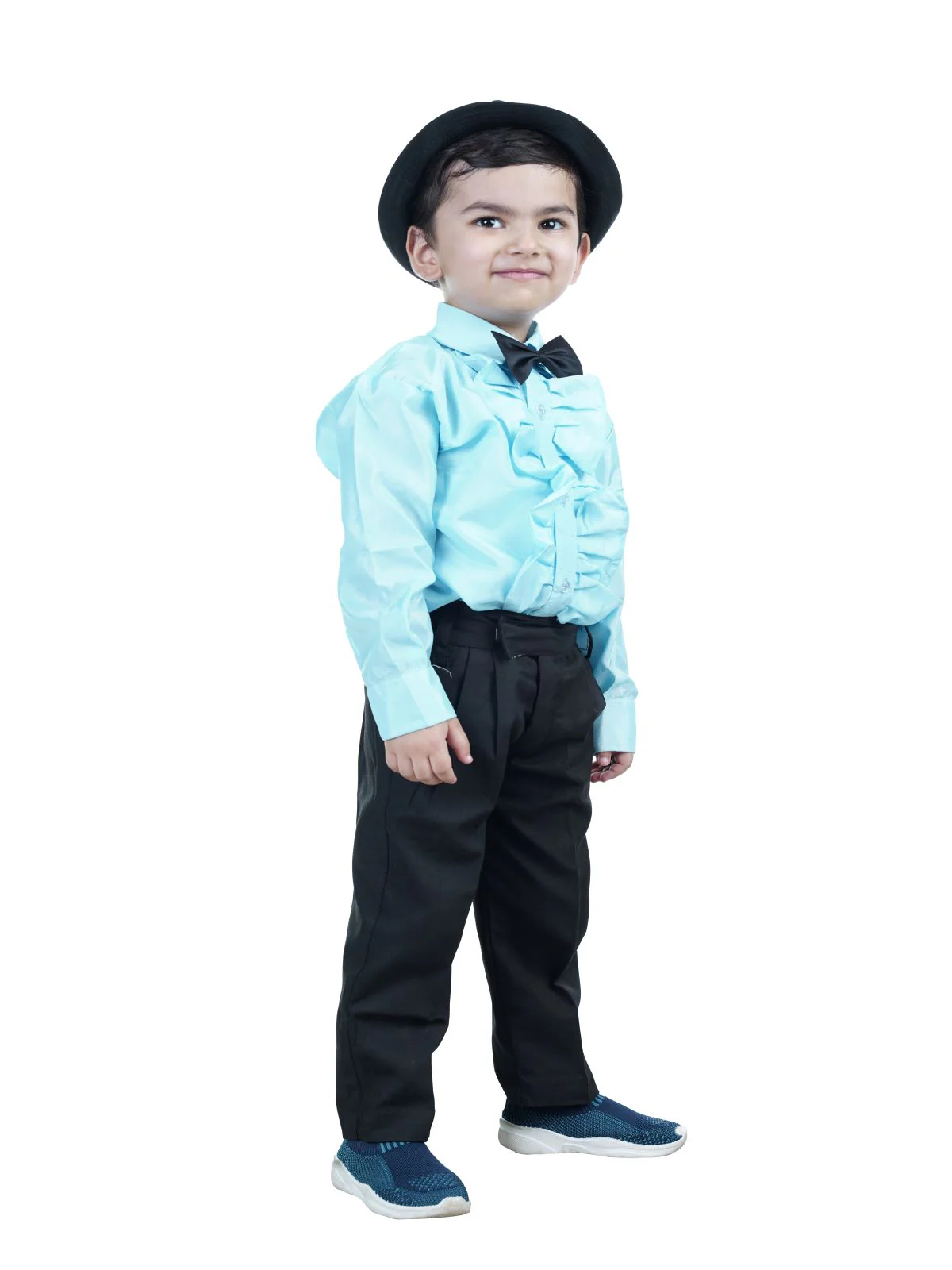 Ballroom Western Dance Blue Frill Shirt Black Pant Hat & Bow Set Kids Fancy Dress Costume - Image 4