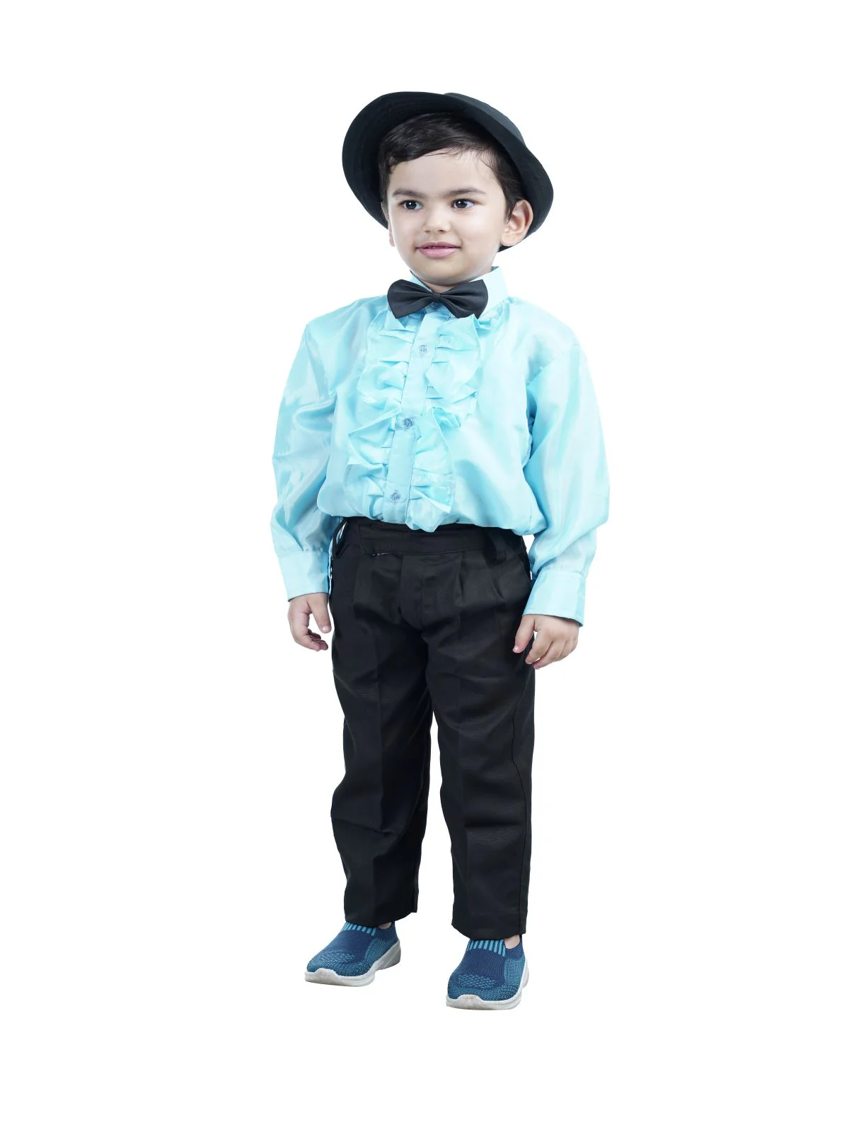Ballroom Western Dance Blue Frill Shirt Black Pant Hat & Bow Set Kids Fancy Dress Costume - Image 6
