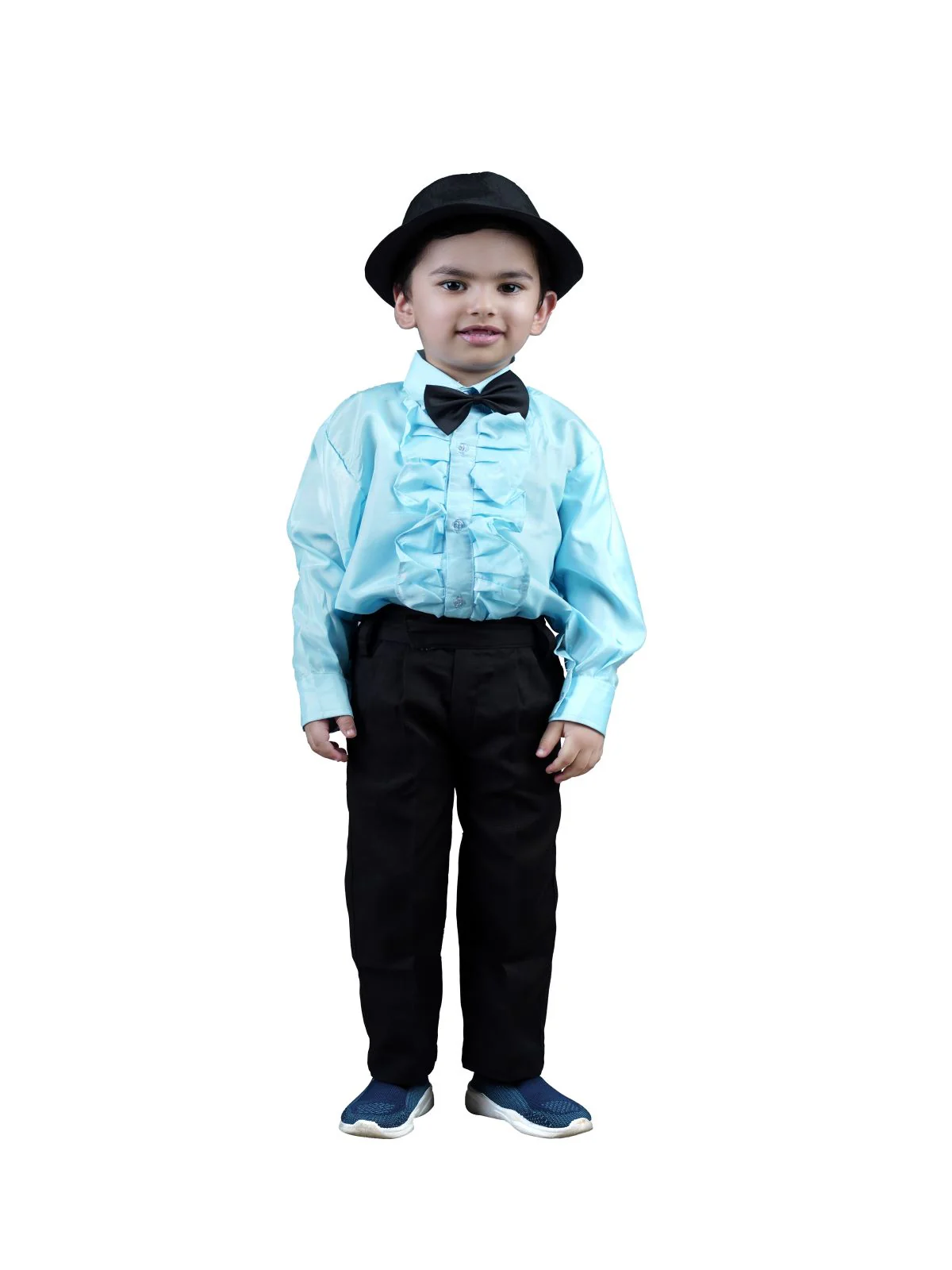 Ballroom Western Dance Blue Frill Shirt Black Pant Hat & Bow Set Kids Fancy Dress Costume - Image 7