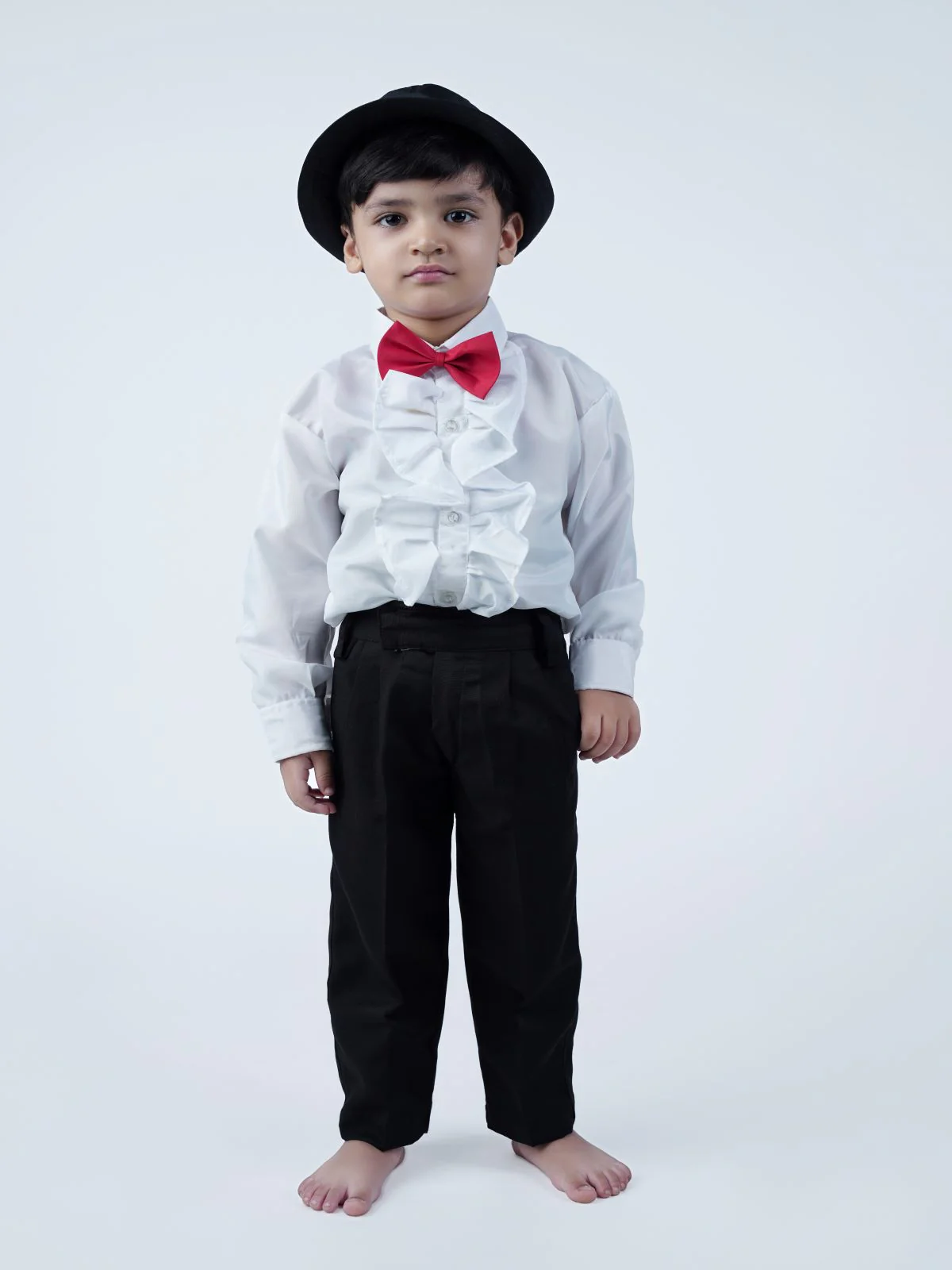 Ballroom Western Dance White Frill Shirt Black Pant Hat & Bow Set Kids Fancy Dress Costume