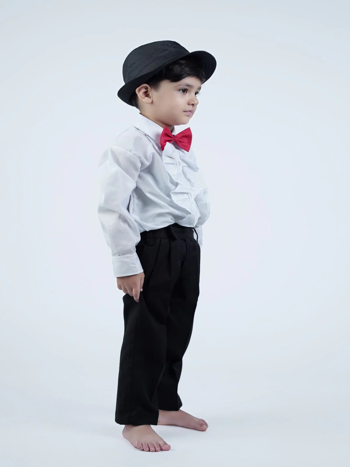 Ballroom Western Dance White Frill Shirt Black Pant Hat & Bow Set Kids Fancy Dress Costume - Image 4