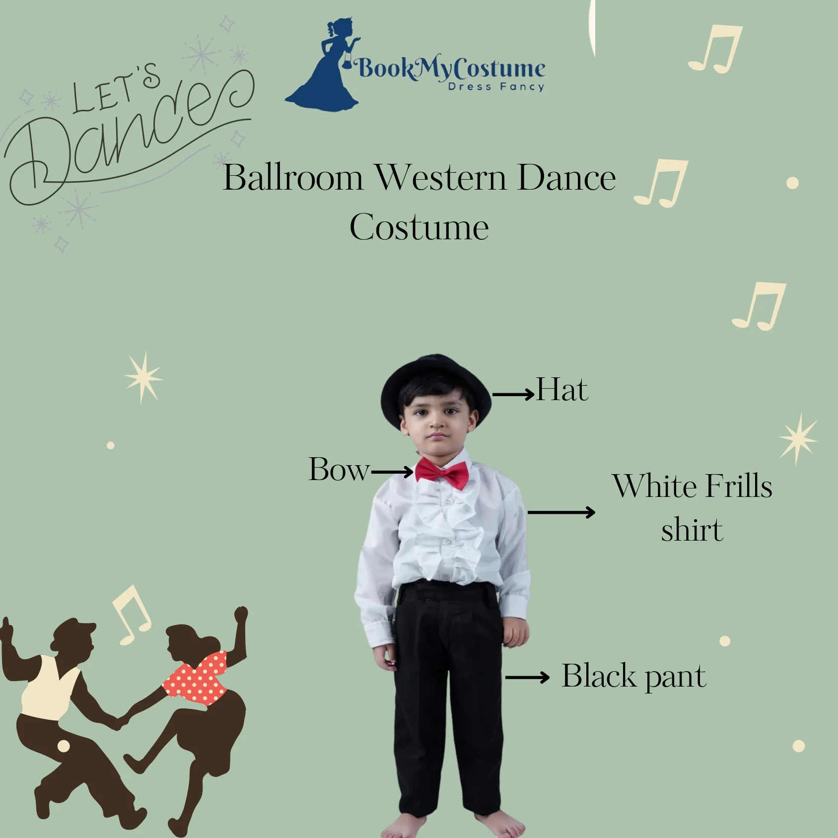 Ballroom Western Dance White Frill Shirt Black Pant Hat & Bow Set Kids Fancy Dress Costume - Image 5
