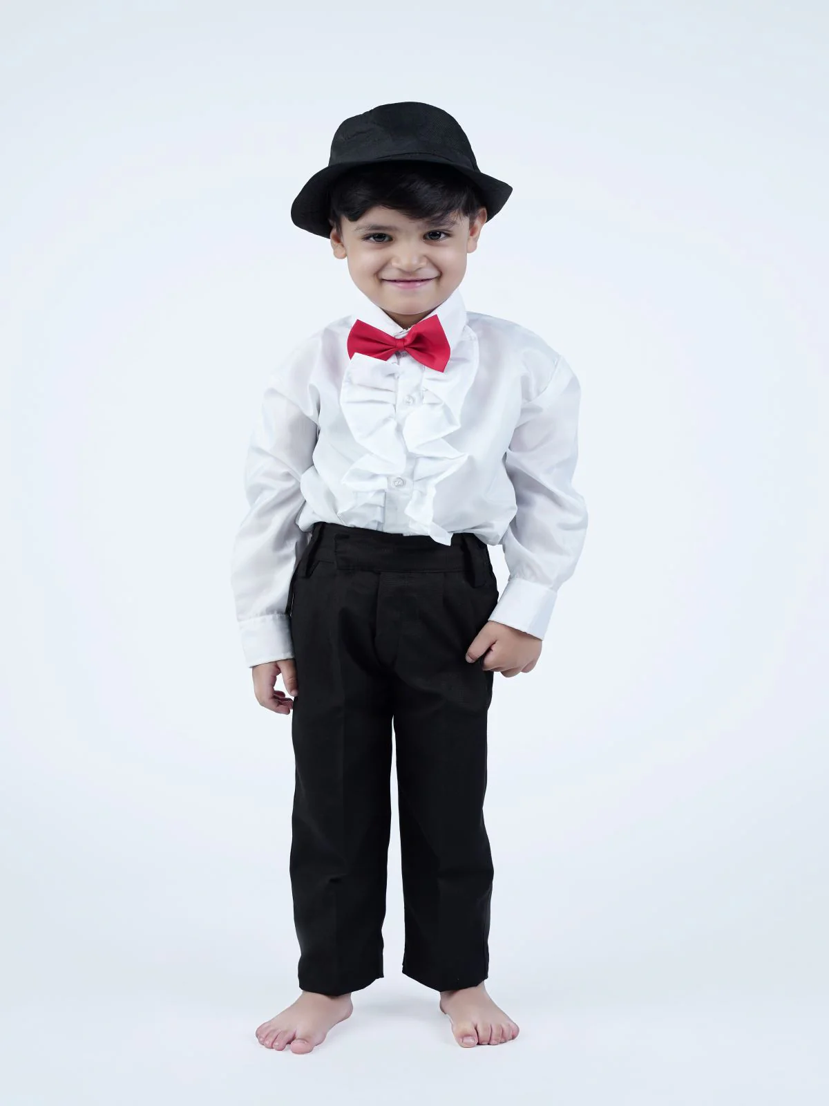 Ballroom Western Dance White Frill Shirt Black Pant Hat & Bow Set Kids Fancy Dress Costume - Image 8