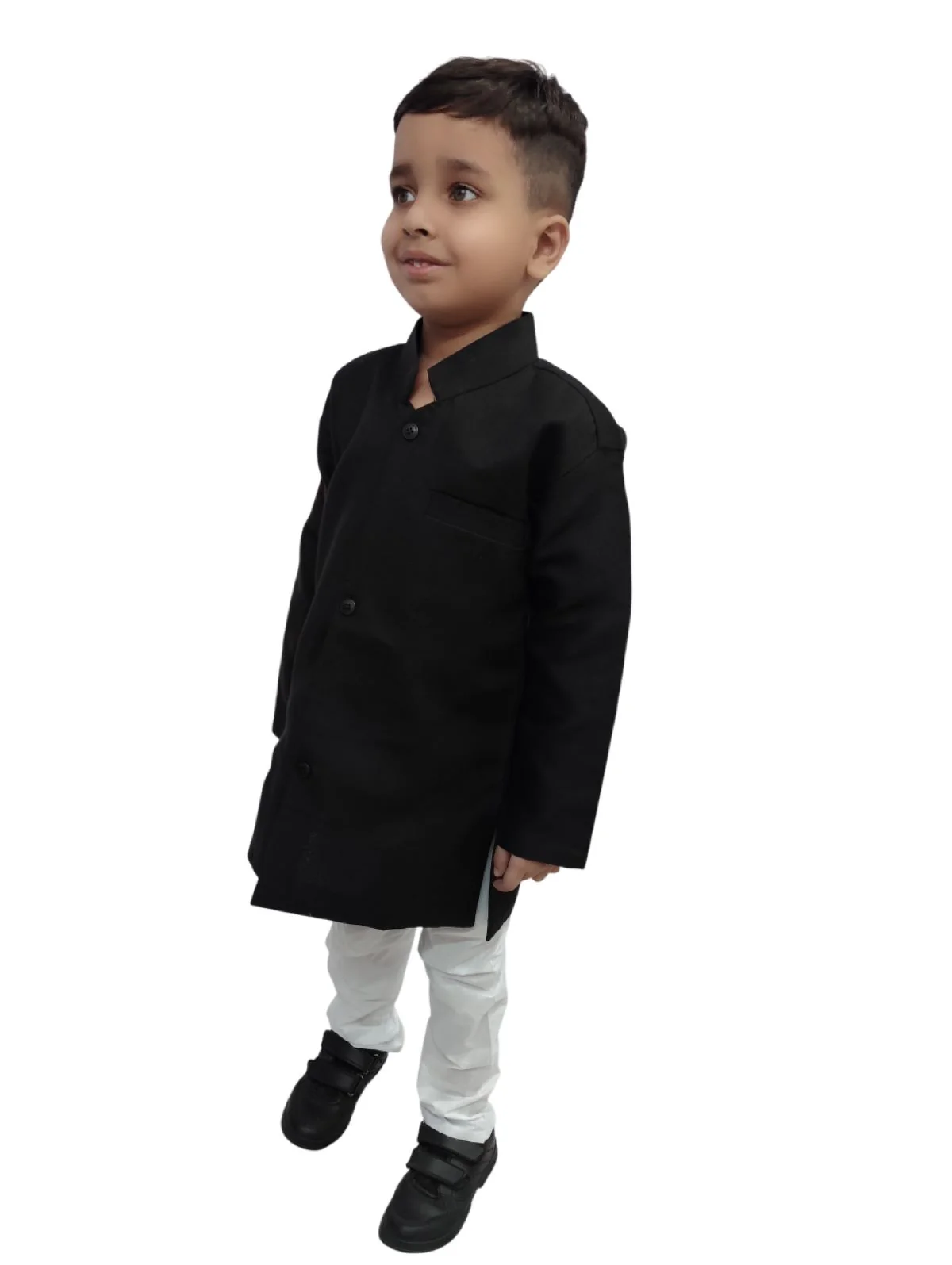 Black Achkan with White Churidar Pyjama Fancy Dress Costume - Image 4