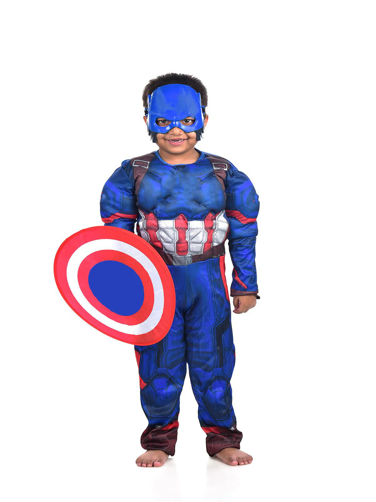 Blue American Superhero Kids Fancy Dress Costume with Shield - Muscle Look - Imported