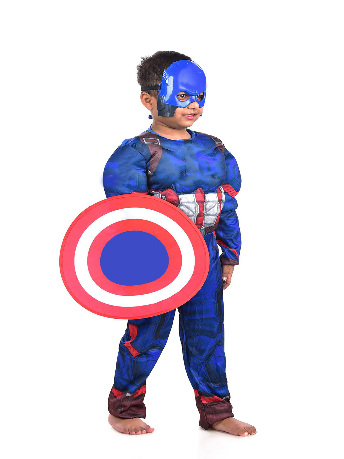 Blue American Superhero Kids Fancy Dress Costume with Shield - Muscle Look - Imported - Image 2