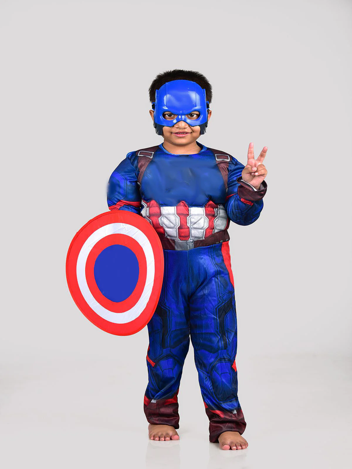 Blue American Superhero Kids Fancy Dress Costume with Shield - Muscle Look - Imported - Image 4