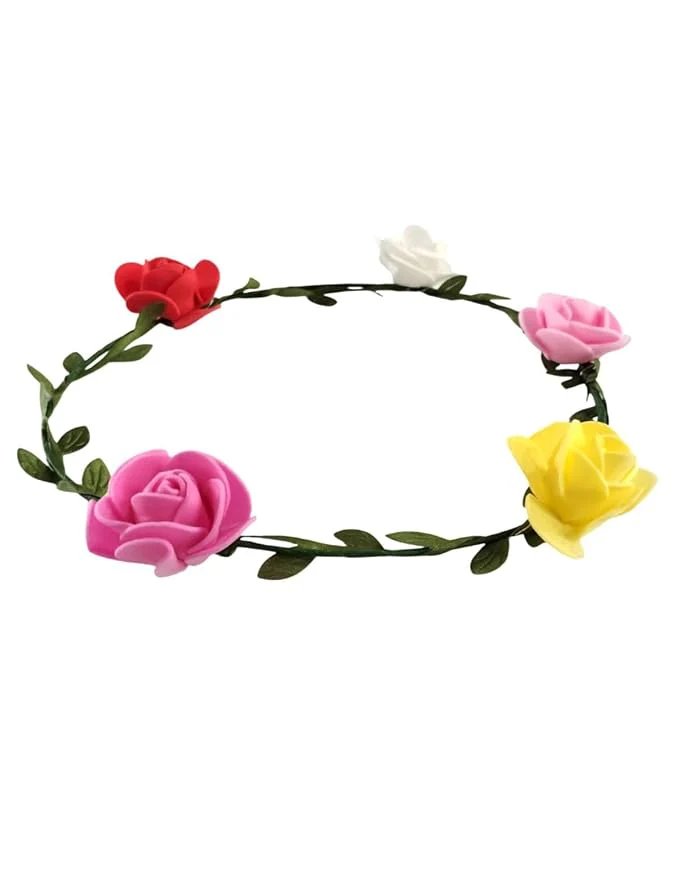 Floral Hair Band for Girls & Women – Artificial Rose Flower Tiara | Multicolor Hair Accessory for Haldi, Mehndi, Baby Shower, Bridal, Festive, Boho Look & Photoshoot