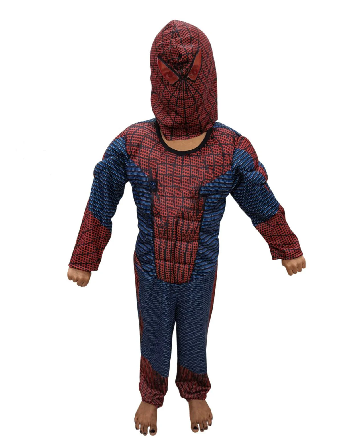 2 Pc Red Blue Web Hero Muscle-Look Superhero Costume with Padded Chest, Arms & Cloth Mask | Sublimation Printed Fancy Dress Outfit | Birthday Celebration Costume