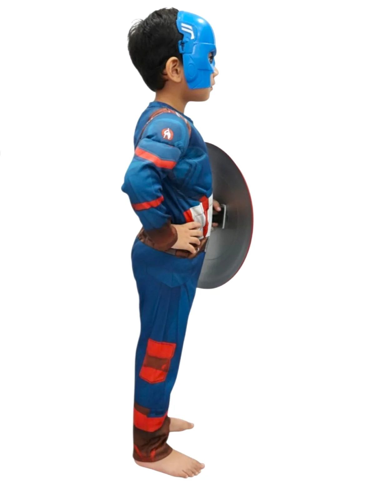 3 Pc American Shield Hero Muscle-Look Superhero Costume with Padded Chest, Arms, Plastic Face Mask & plastic Shield | Sublimation Printed Fancy Dress Outfit | Birthday Party Prop - Image 2
