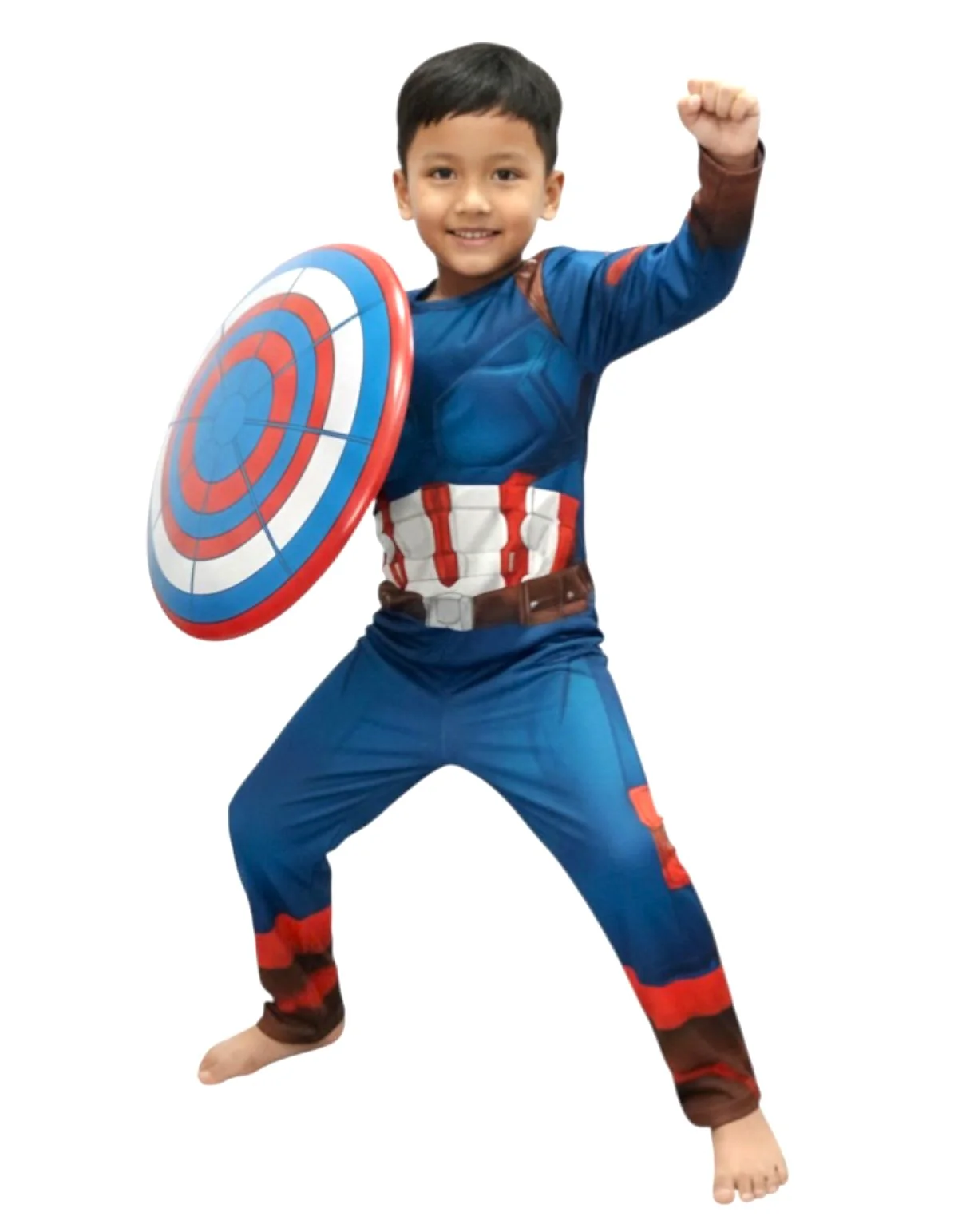 3 Pc American Shield Hero Muscle-Look Superhero Costume with Padded Chest, Arms, Plastic Face Mask & plastic Shield | Sublimation Printed Fancy Dress Outfit | Birthday Party Prop - Image 3
