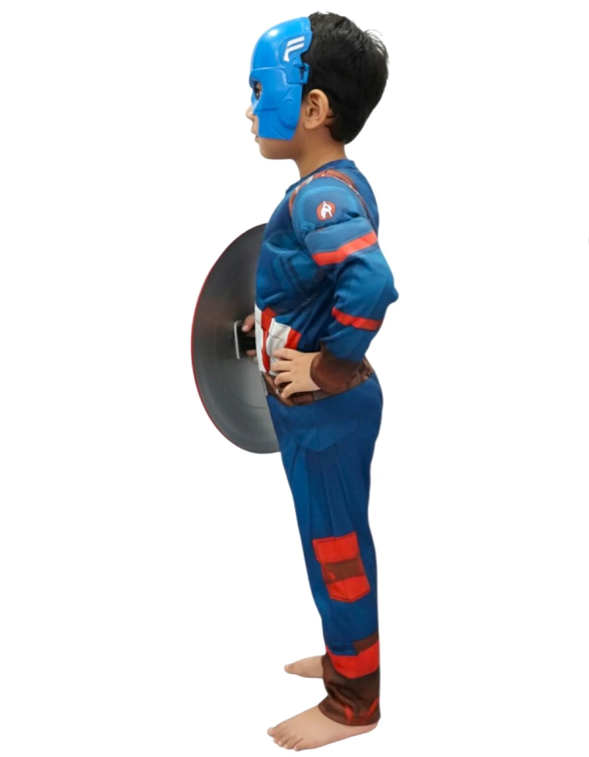 3 Pc American Shield Hero Muscle-Look Superhero Costume with Padded Chest, Arms, Plastic Face Mask & plastic Shield | Sublimation Printed Fancy Dress Outfit | Birthday Party Prop - Image 4