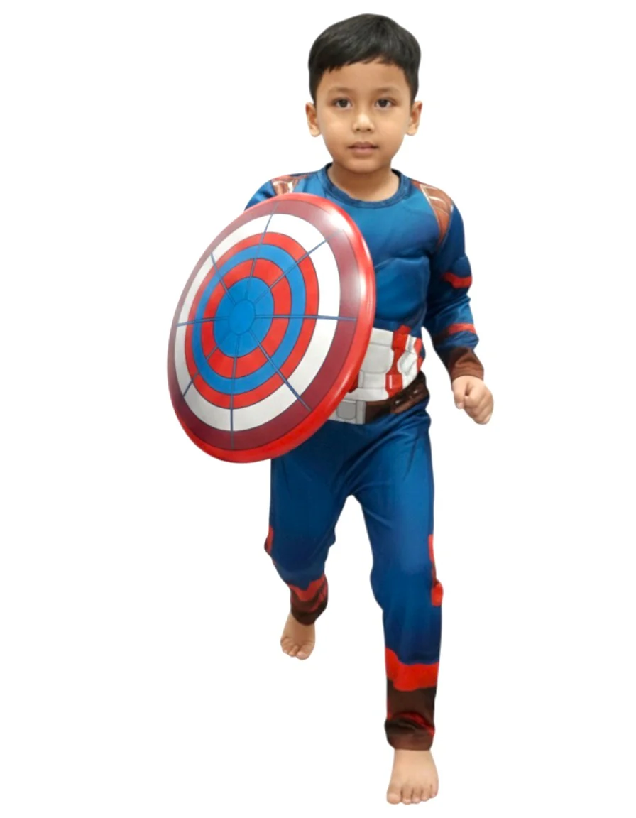 3 Pc American Shield Hero Muscle-Look Superhero Costume with Padded Chest, Arms, Plastic Face Mask & plastic Shield | Sublimation Printed Fancy Dress Outfit | Birthday Party Prop - Image 5