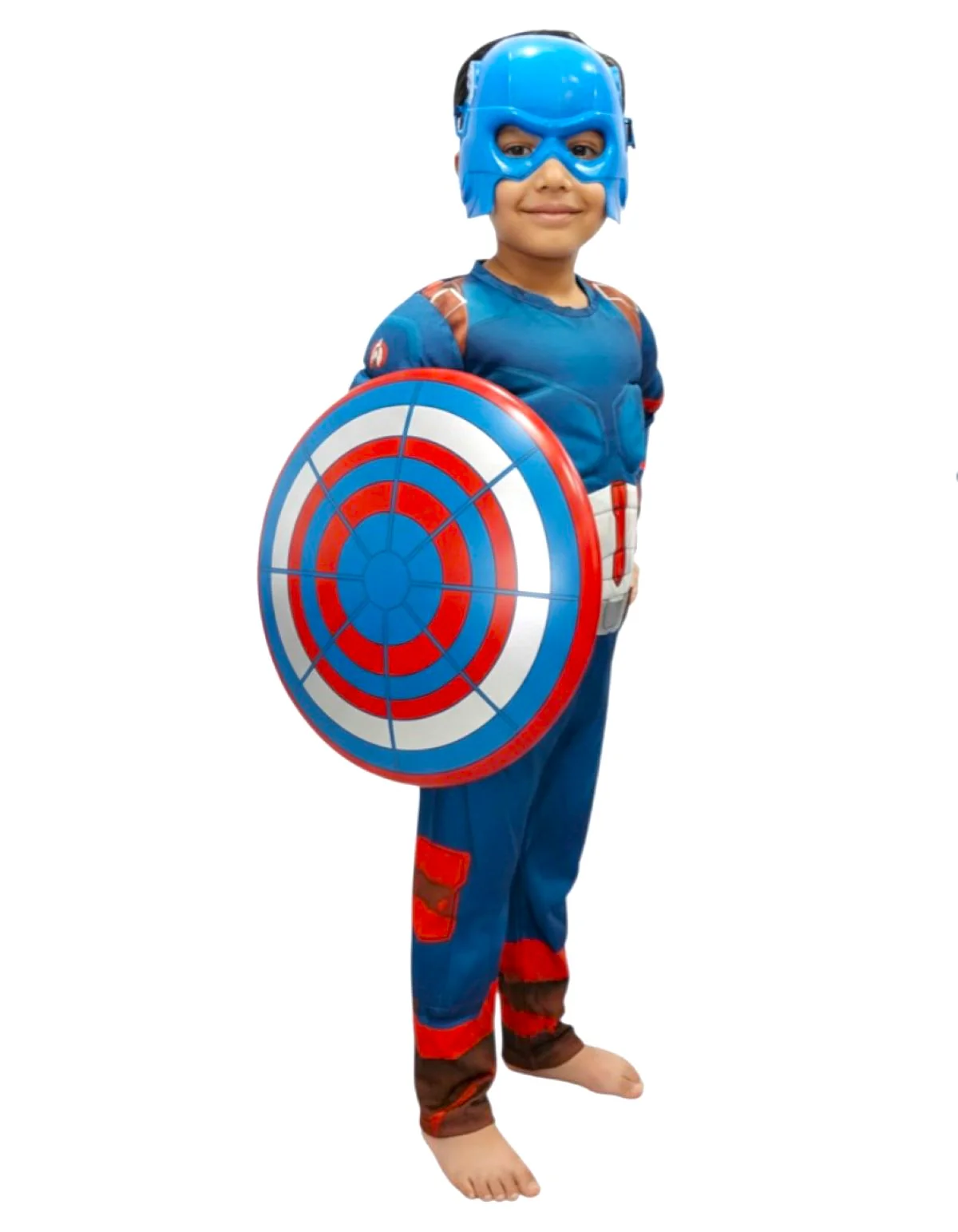 3 Pc American Shield Hero Muscle-Look Superhero Costume with Padded Chest, Arms, Plastic Face Mask & plastic Shield | Sublimation Printed Fancy Dress Outfit | Birthday Party Prop - Image 6