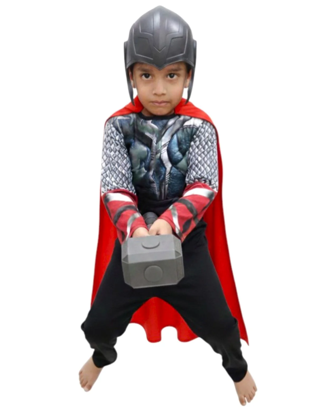 3 Pc Grey Thunder God Muscle-Look Superhero Costume with Padded Chest, Arms, Hammer & Plastic Face Mask | Sublimation Printed Fancy Dress Outfit | Birthday Celebration Costume - Image 2