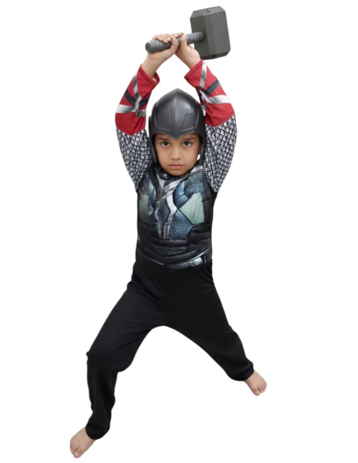 3 Pc Grey Thunder God Muscle-Look Superhero Costume with Padded Chest, Arms, Hammer & Plastic Face Mask | Sublimation Printed Fancy Dress Outfit | Birthday Celebration Costume - Image 4
