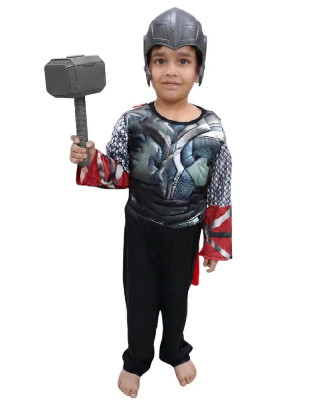 3 Pc Grey Thunder God Muscle-Look Superhero Costume with Padded Chest, Arms, Hammer & Plastic Face Mask | Sublimation Printed Fancy Dress Outfit | Birthday Celebration Costume - Image 5