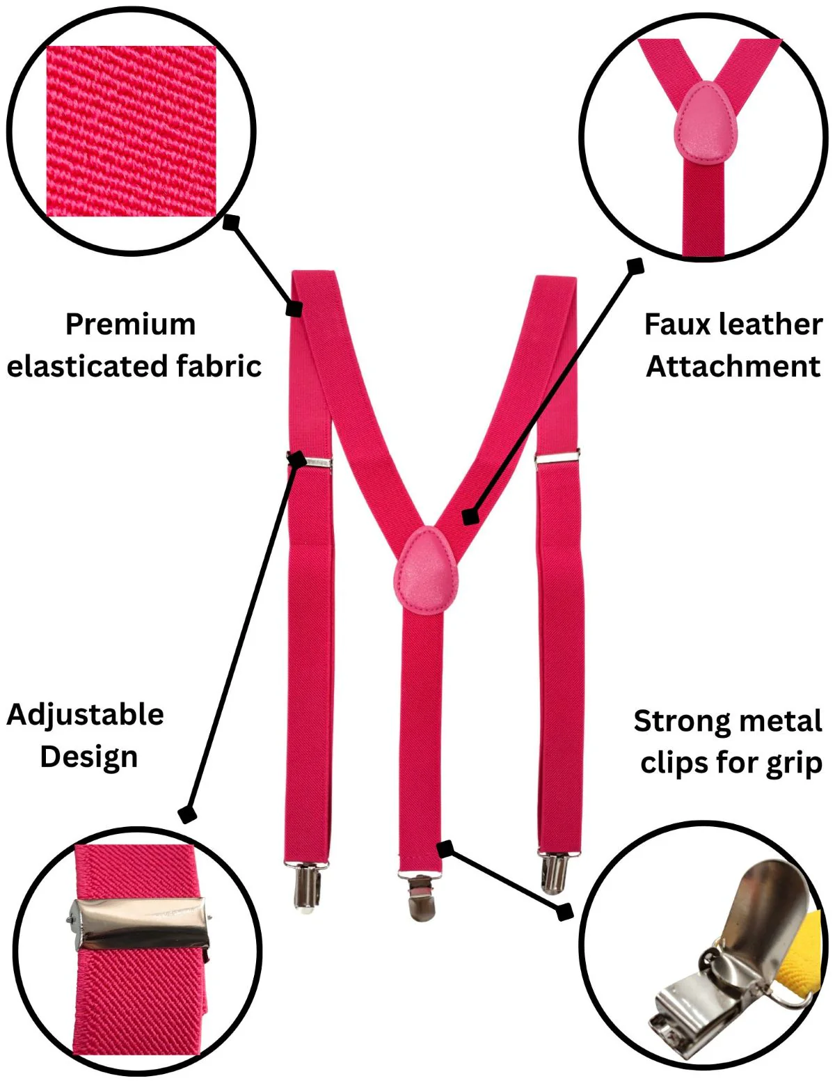 Adjustable Elastic Y-Back Style Unisex Pink Suspender for Kids & Adults – Fancy Dress Costume Accessory with Strong Metal Clips - Image 5