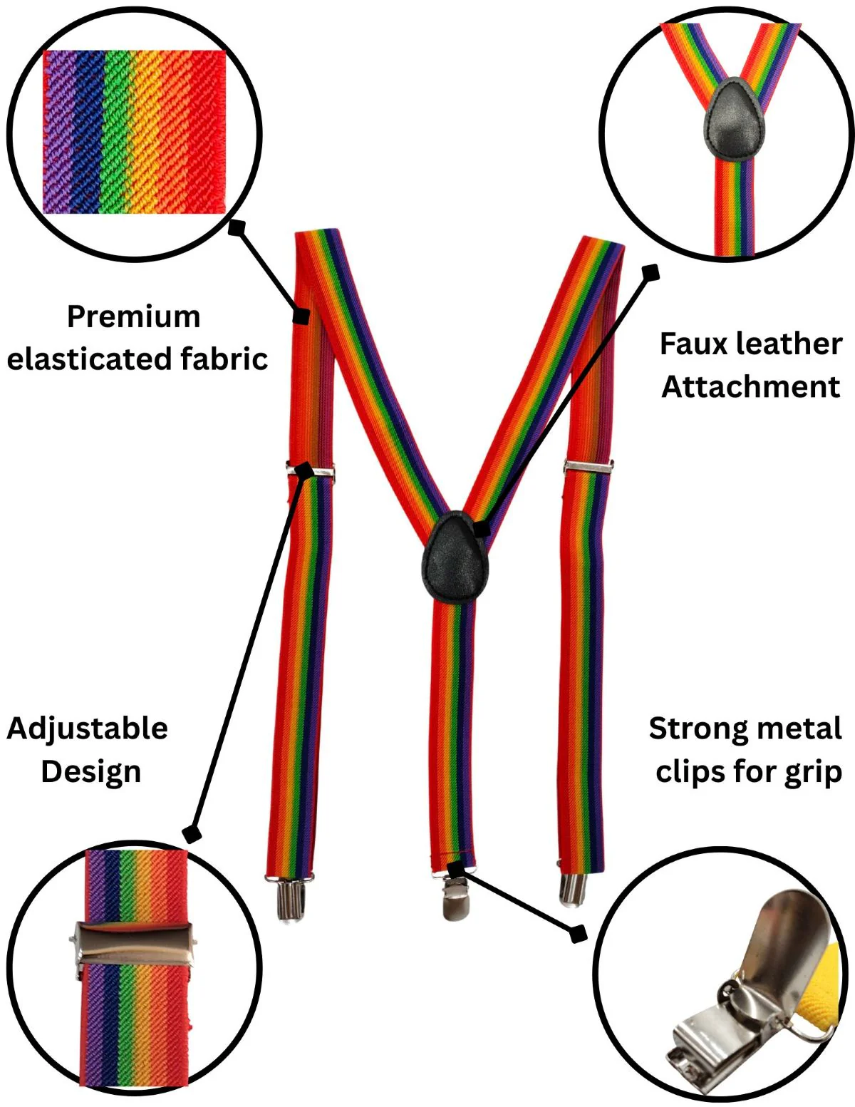 Adjustable Elastic Y-Back Style Unisex Rainbow Suspender for Adults – Fancy Dress Costume Accessory with Strong Metal Clips - Image 5