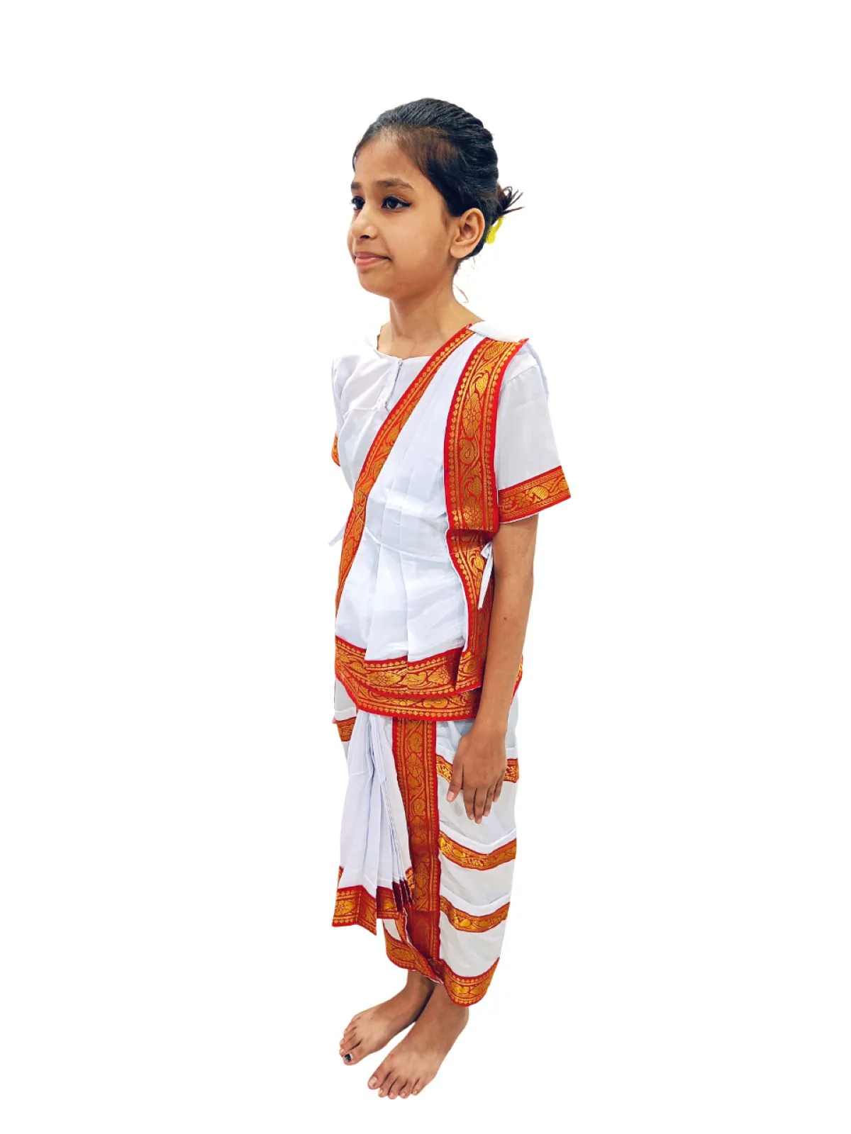 Red & White Bharatanatyam Saree Indian Classical Dance Costume for Girls | Kids & Adult Fancy Dress Costume - Image 3