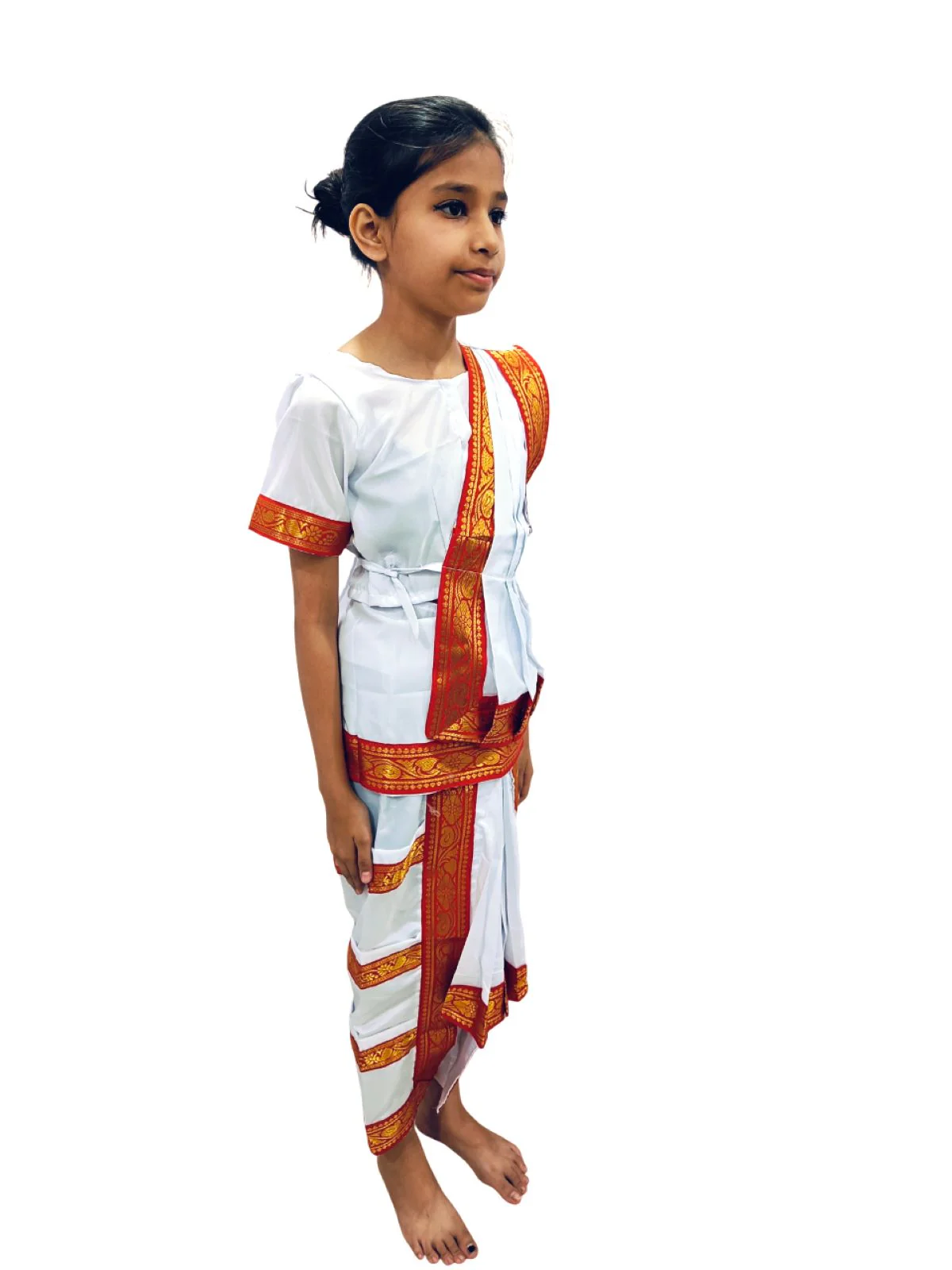 Red & White Bharatanatyam Saree Indian Classical Dance Costume for Girls | Kids & Adult Fancy Dress Costume - Image 4