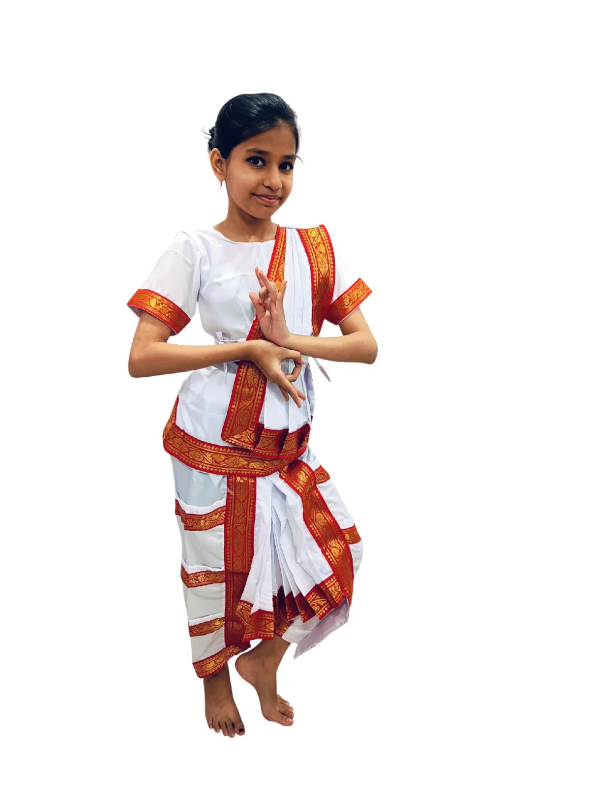 Red & White Bharatanatyam Saree Indian Classical Dance Costume for Girls | Kids & Adult Fancy Dress Costume - Image 5