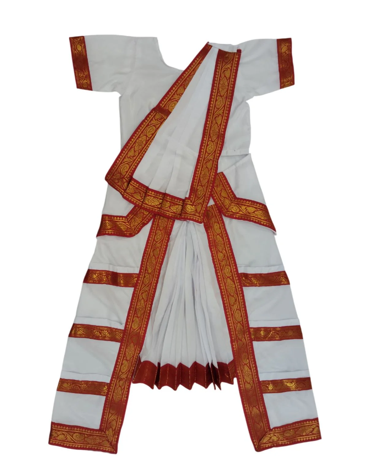 Red & White Bharatanatyam Saree Indian Classical Dance Costume for Girls | Kids & Adult Fancy Dress Costume - Image 8