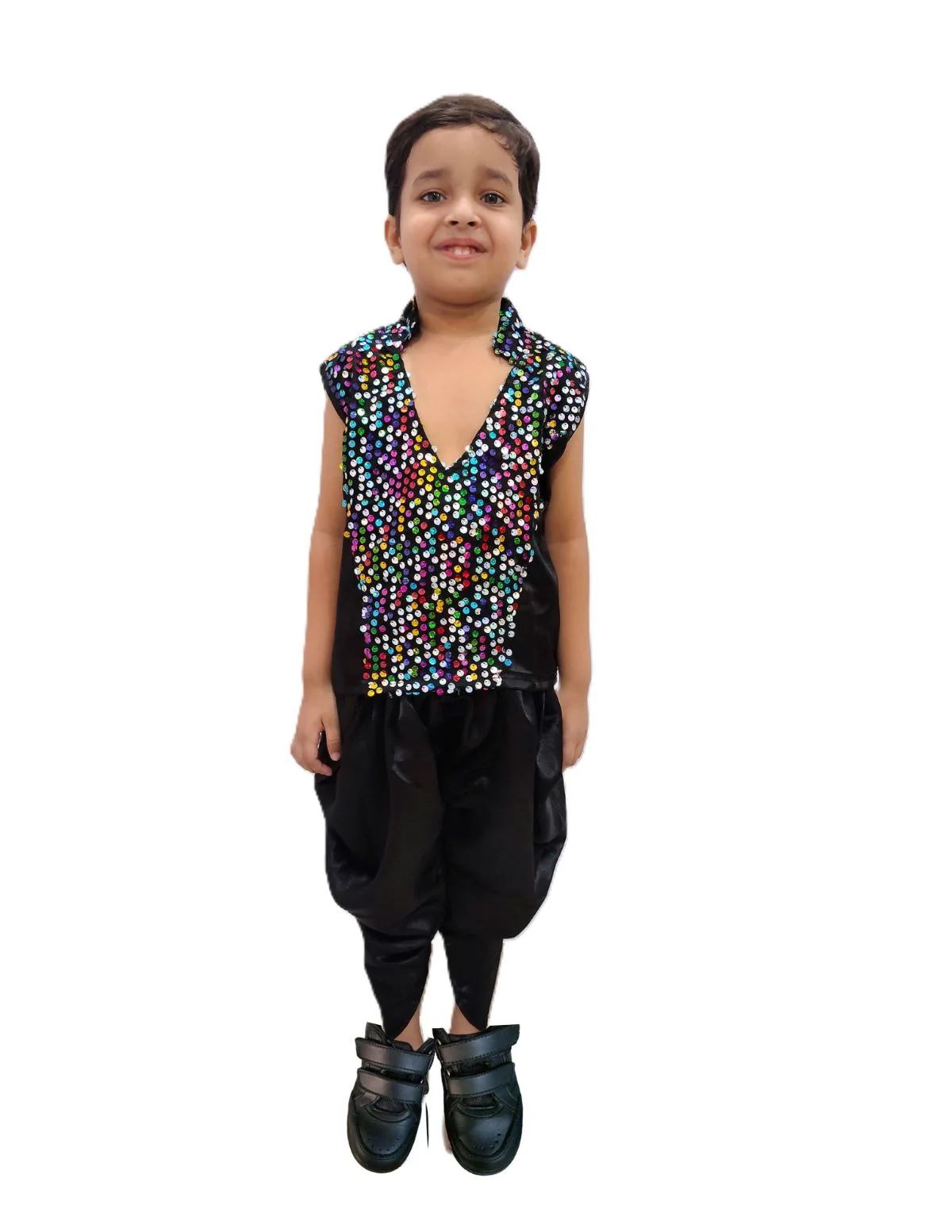 Black Indo-Western Dress | Multicolor Sequin Sleeveless V-Neck Jacket with Dhoti Style Pant | Western Dress Costume for Boys | Dance Dress for Kids