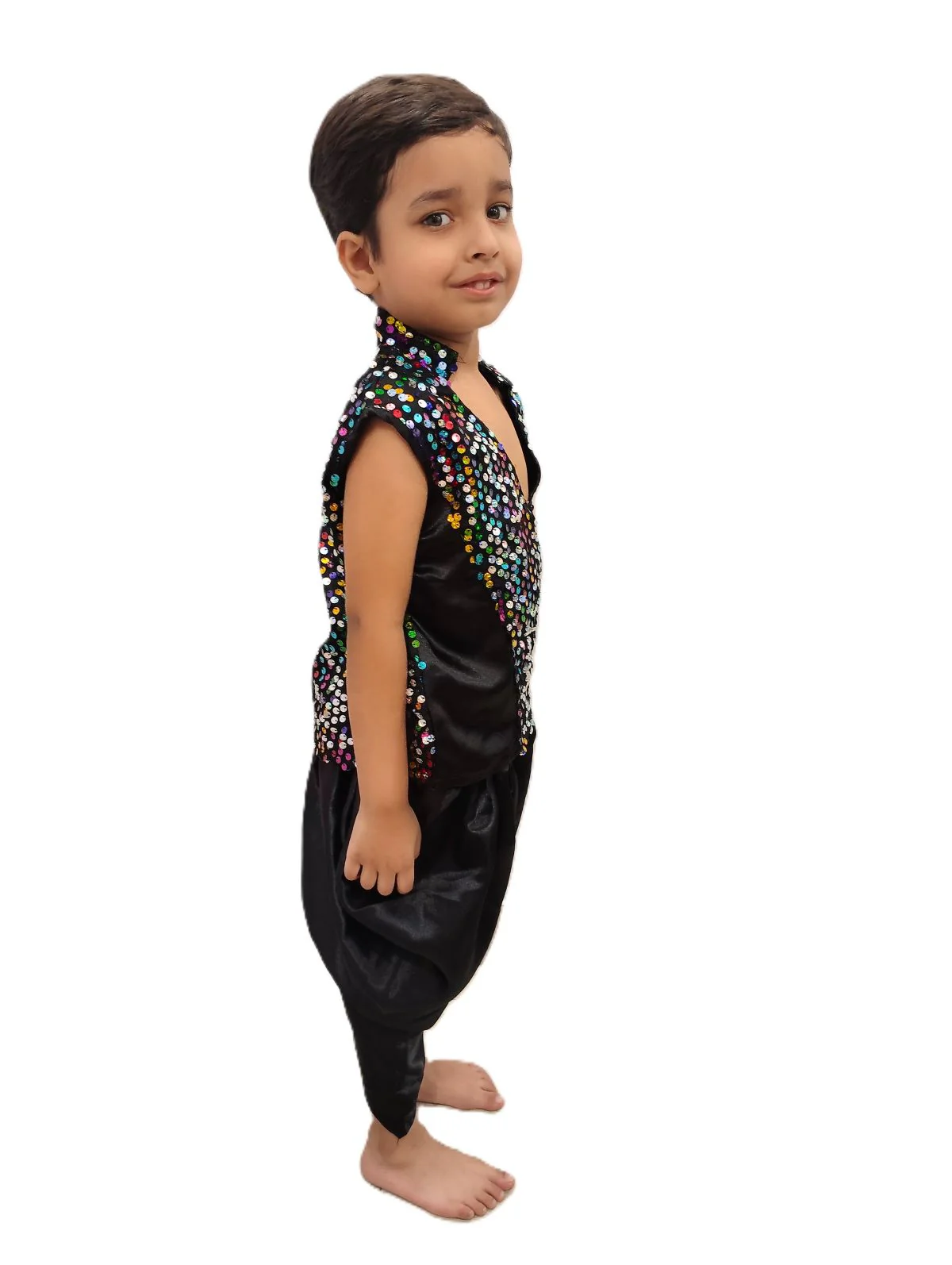 Black Indo-Western Dress | Multicolor Sequin Sleeveless V-Neck Jacket with Dhoti Style Pant | Western Dress Costume for Boys | Dance Dress for Kids - Image 2