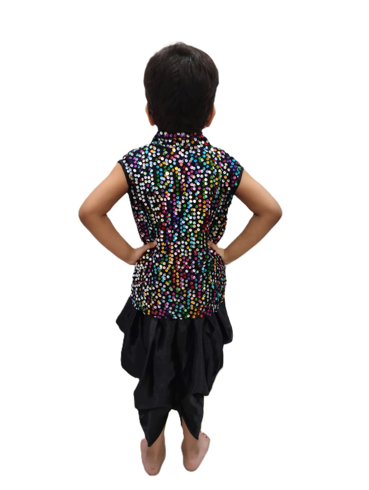 Black Indo-Western Dress | Multicolor Sequin Sleeveless V-Neck Jacket with Dhoti Style Pant | Western Dress Costume for Boys | Dance Dress for Kids - Image 3