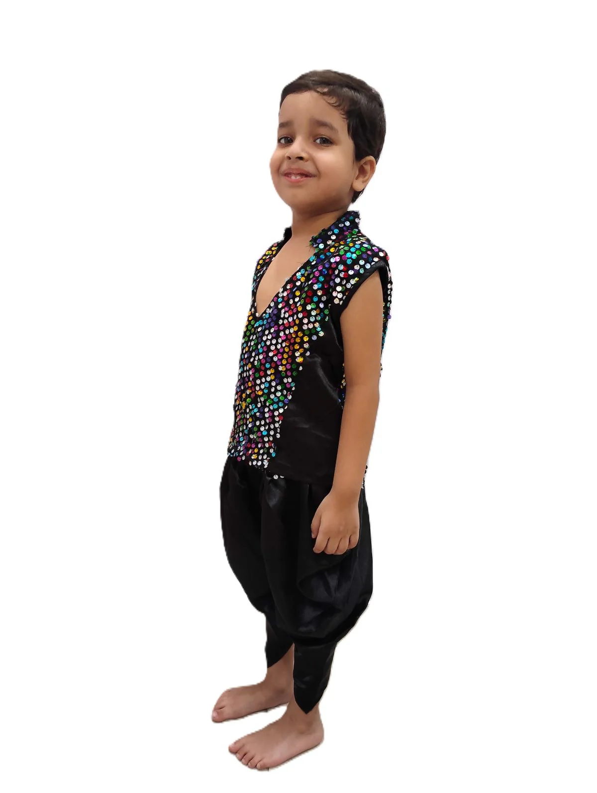 Black Indo-Western Dress | Multicolor Sequin Sleeveless V-Neck Jacket with Dhoti Style Pant | Western Dress Costume for Boys | Dance Dress for Kids - Image 4
