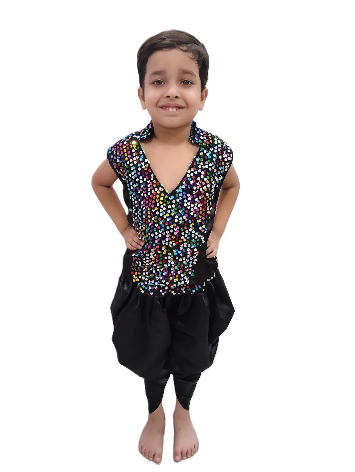 Black Indo-Western Dress | Multicolor Sequin Sleeveless V-Neck Jacket with Dhoti Style Pant | Western Dress Costume for Boys | Dance Dress for Kids - Image 5
