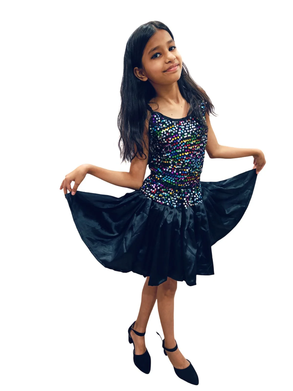 Black Multicolor Sequin Western Dance Costume for Girls | Sleeveless Elasticated Straps & Back Top with Wide Flared Skirt Set | Fancy Dress Costume for Kids