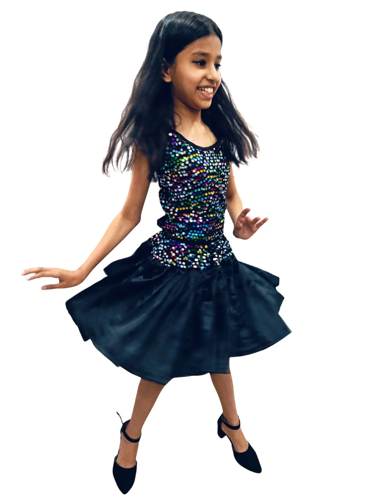 Black Multicolor Sequin Western Dance Costume for Girls | Sleeveless Elasticated Straps & Back Top with Wide Flared Skirt Set | Fancy Dress Costume for Kids - Image 2