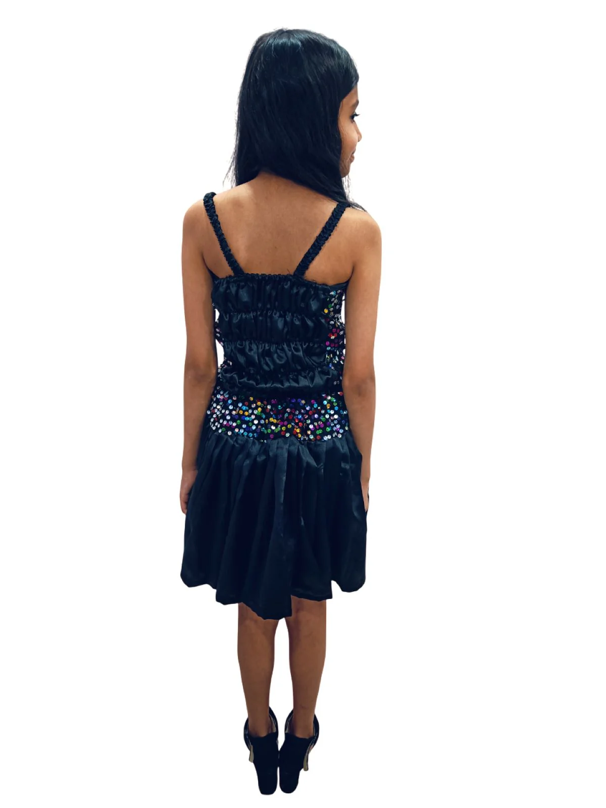 Black Multicolor Sequin Western Dance Costume for Girls | Sleeveless Elasticated Straps & Back Top with Wide Flared Skirt Set | Fancy Dress Costume for Kids - Image 3