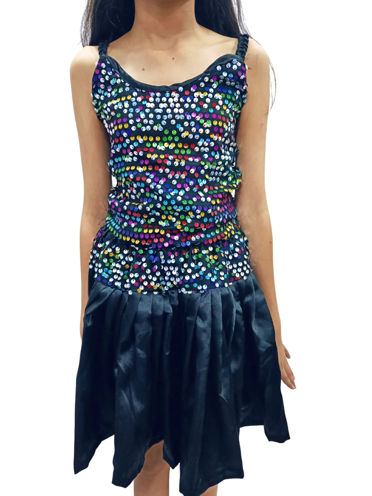 Black Multicolor Sequin Western Dance Costume for Girls | Sleeveless Elasticated Straps & Back Top with Wide Flared Skirt Set | Fancy Dress Costume for Kids - Image 6