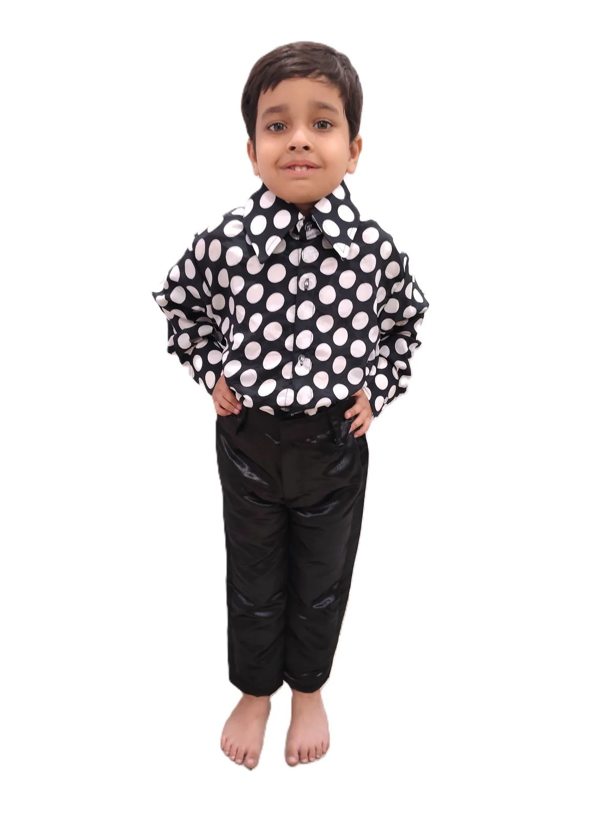Black Polka Dots Shirt with Black Shining Pant | Retro Theme Kids Fancy Dress Costume | Stylish Dress for Dance, Fancy Dress