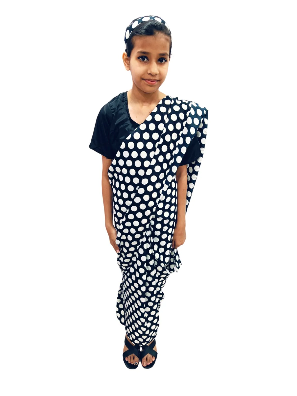 Black Retro Polka Dot Saree Costume for Girls | Ready-to-Wear Saree with Blouse & Hairband | 70s Bollywood Fancy Dress for Theme Parties & School Functions