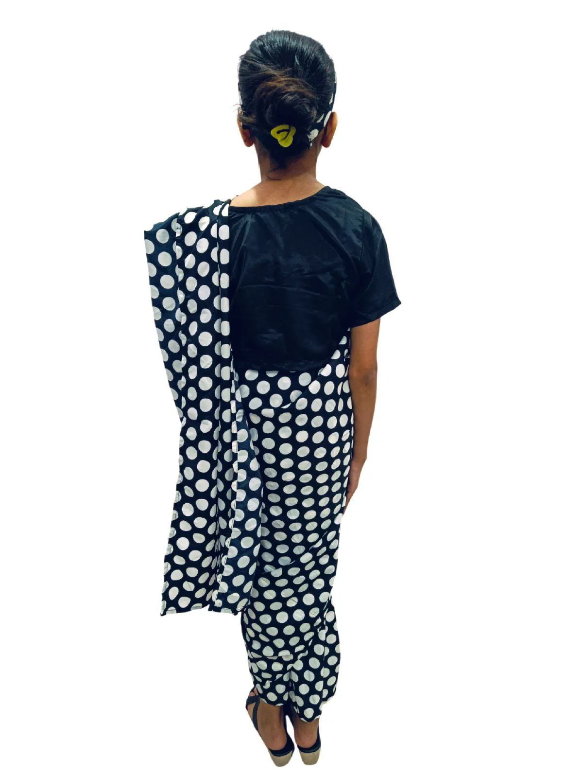 Black Retro Polka Dot Saree Costume for Girls | Ready-to-Wear Saree with Blouse & Hairband | 70s Bollywood Fancy Dress for Theme Parties & School Functions - Image 6
