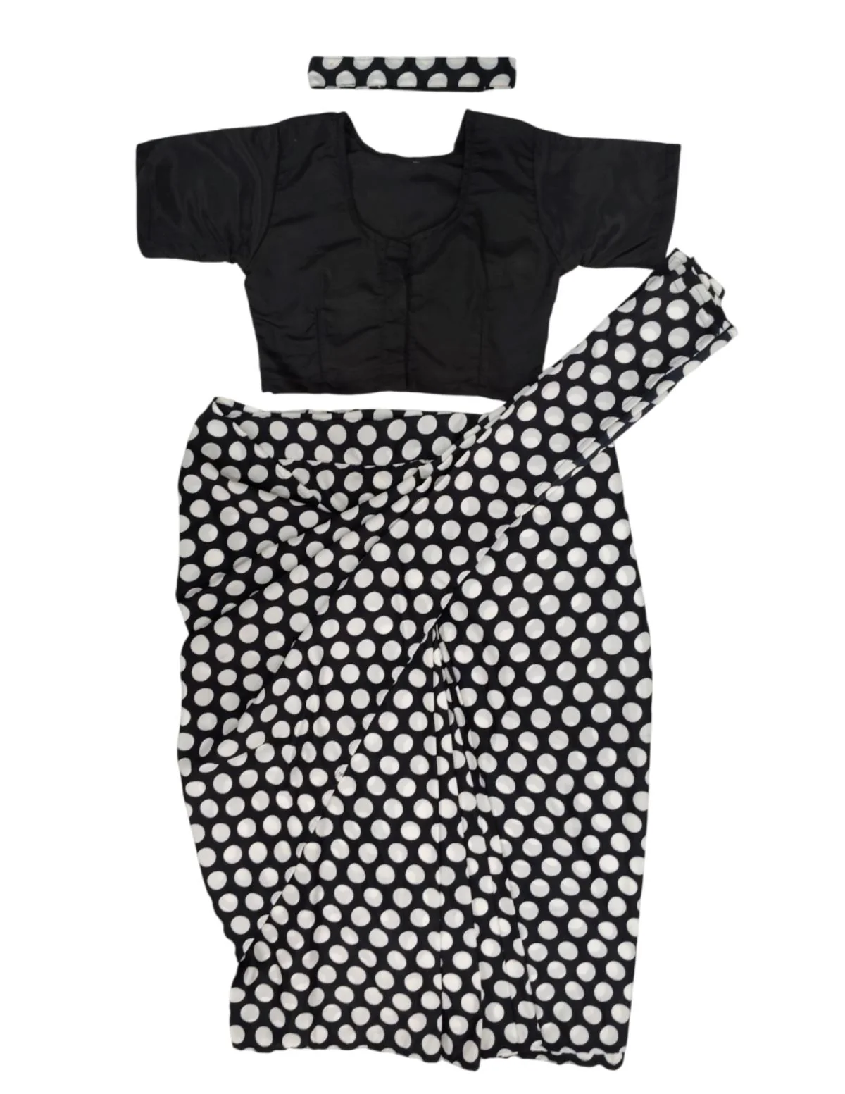 Black Retro Polka Dot Saree Costume for Girls | Ready-to-Wear Saree with Blouse & Hairband | 70s Bollywood Fancy Dress for Theme Parties & School Functions - Image 9