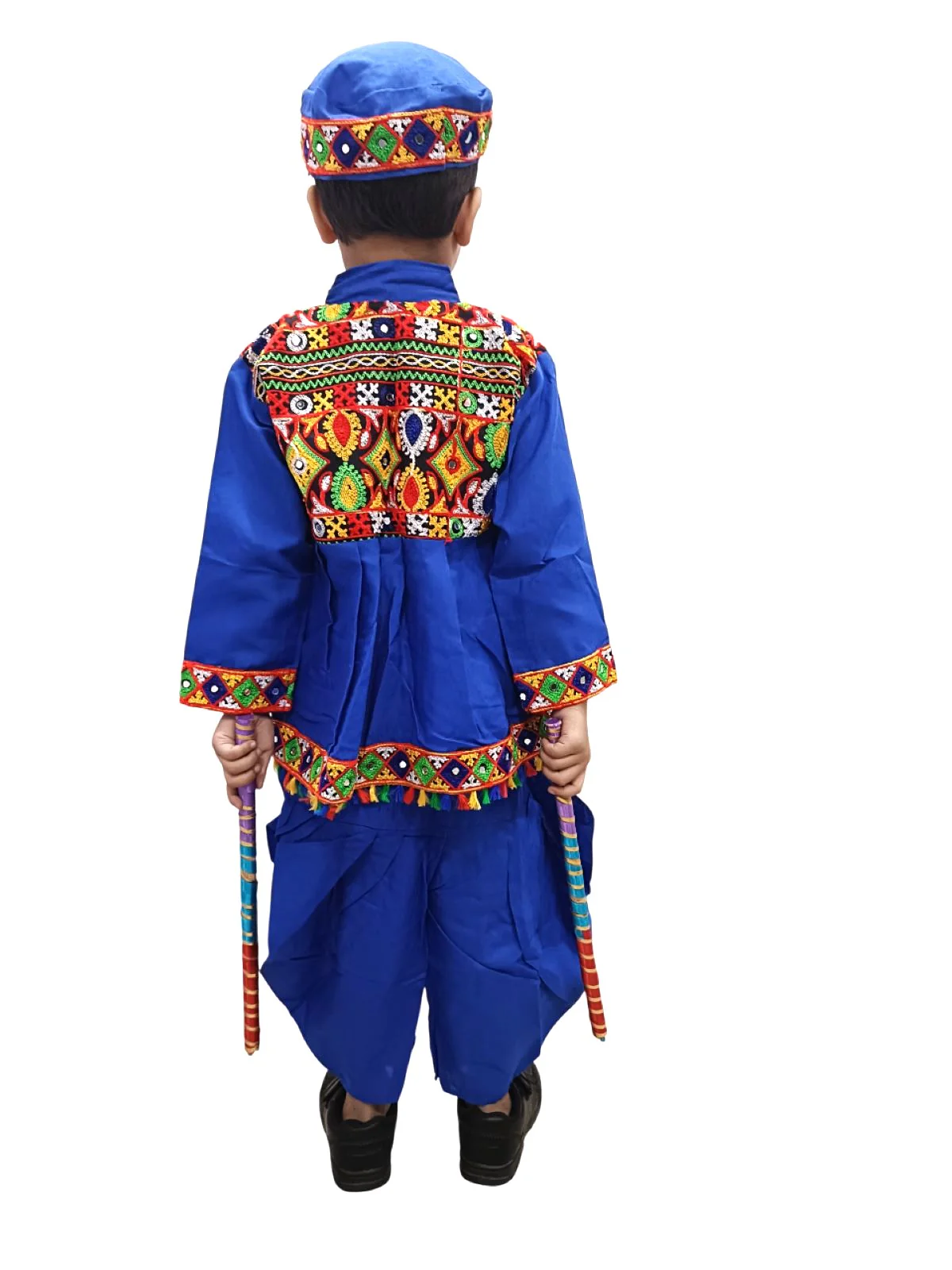 Blue Gujarati Kedia with Dhoti & Turban Cap With A Pair of Dandiya Sticks – Traditional Outfit with State Artwork & Gota Work for Navratri & Festivals | Gujarat Fancy Dress Costume For Kids & Adults - Image 3