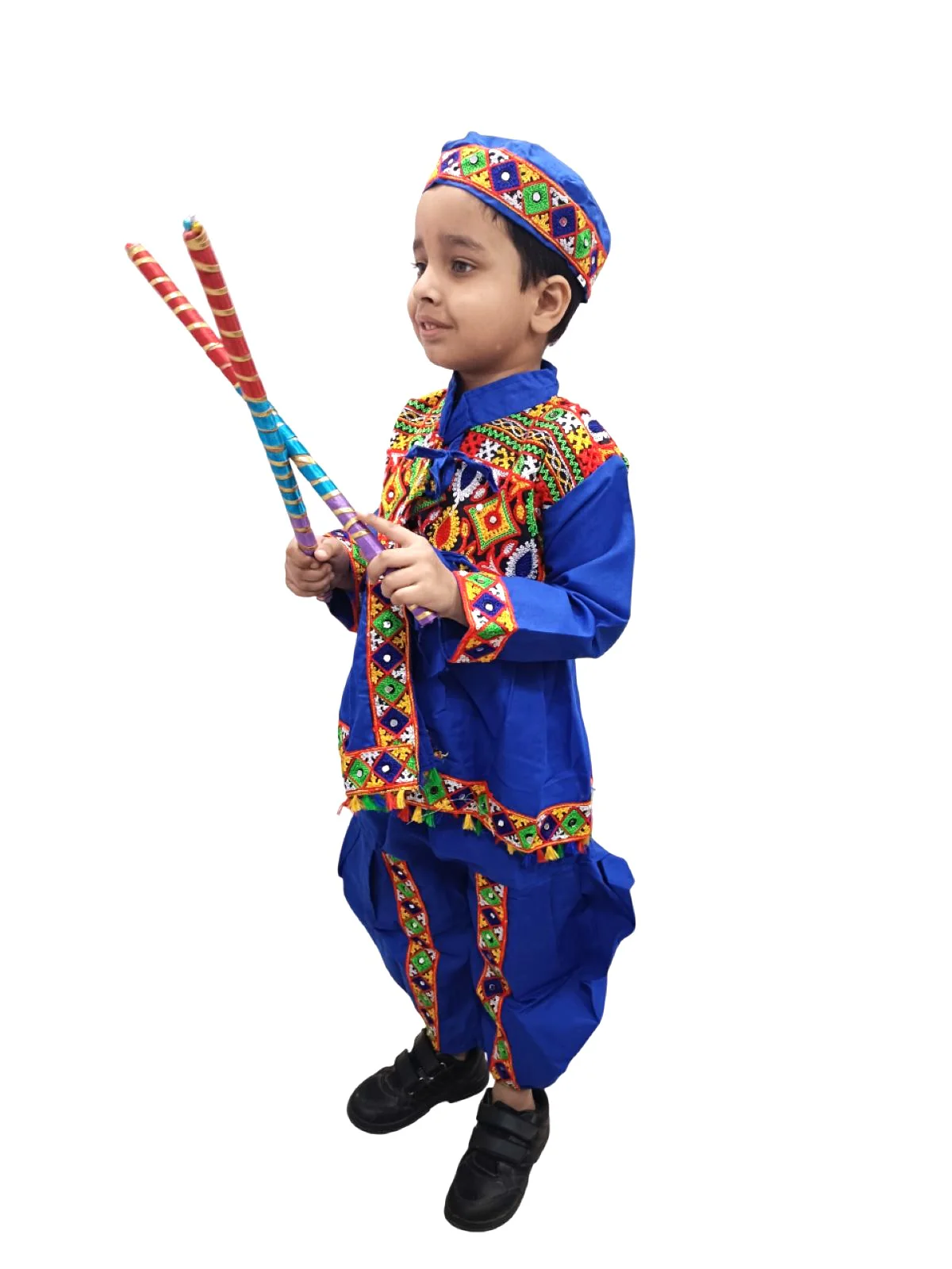 Blue Gujarati Kedia with Dhoti & Turban Cap With A Pair of Dandiya Sticks – Traditional Outfit with State Artwork & Gota Work for Navratri & Festivals | Gujarat Fancy Dress Costume For Kids & Adults - Image 4