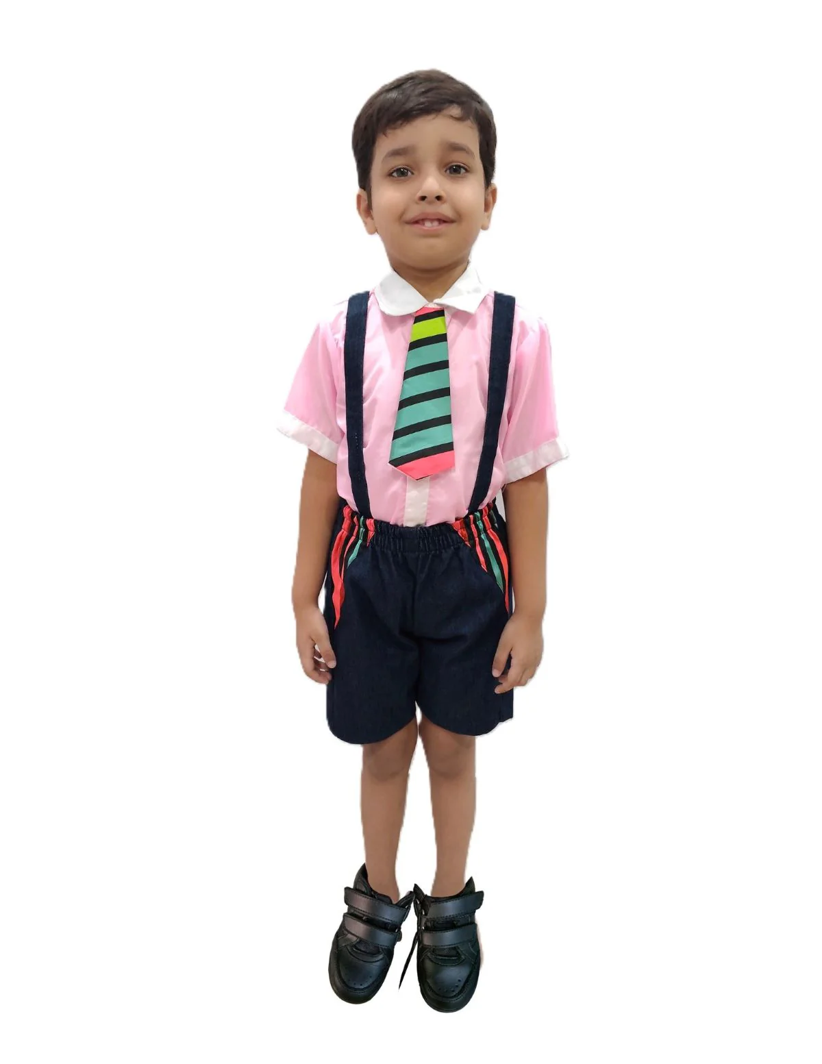 Boy Dangri Style Costume Set | Pink Shirt with Denim Dangri Style Shorts & Colorful Tie | Fancy Dress Costume for Role Play | Boys
