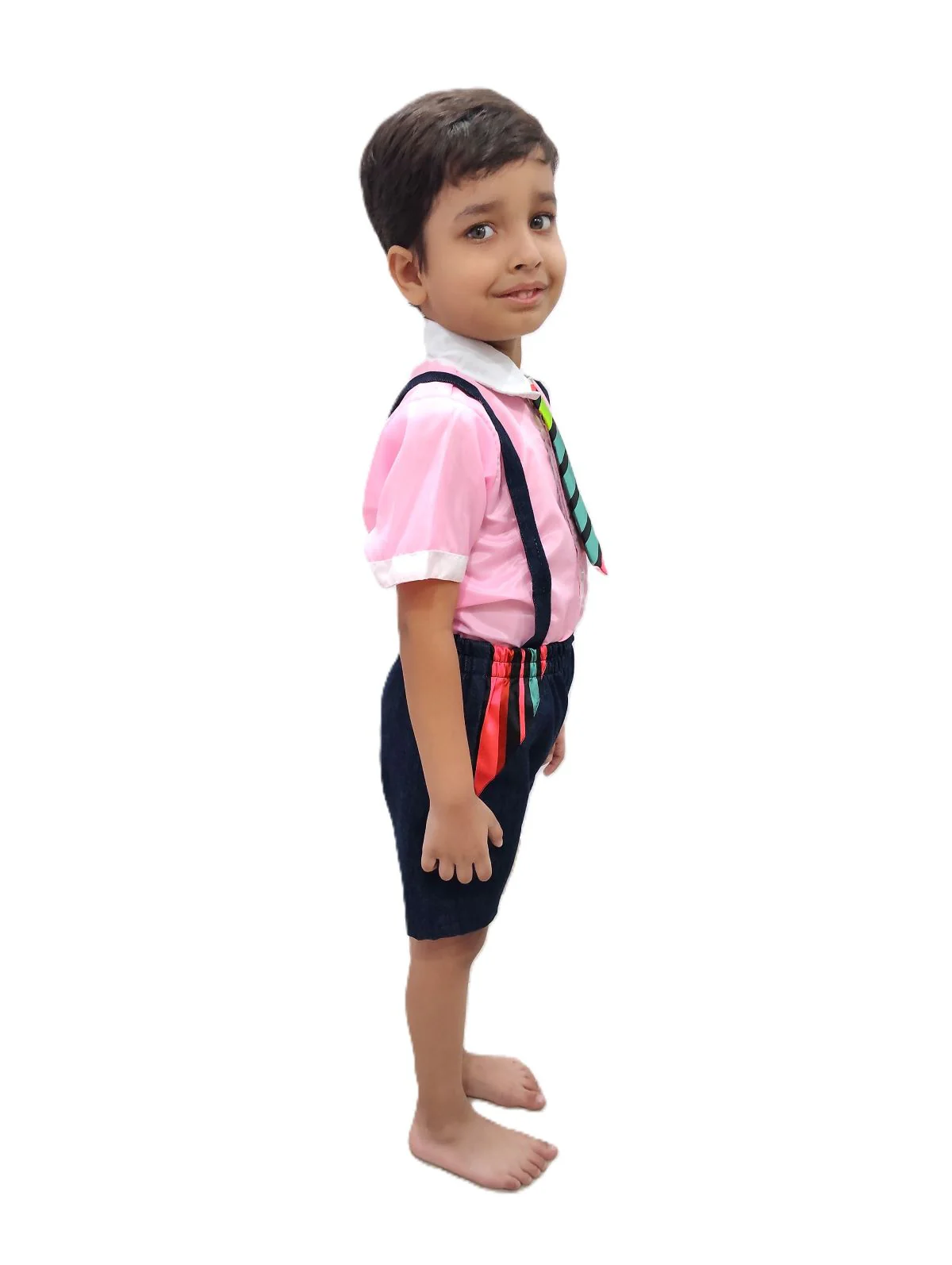 Boy Dangri Style Costume Set | Pink Shirt with Denim Dangri Style Shorts & Colorful Tie | Fancy Dress Costume for Role Play | Boys - Image 2
