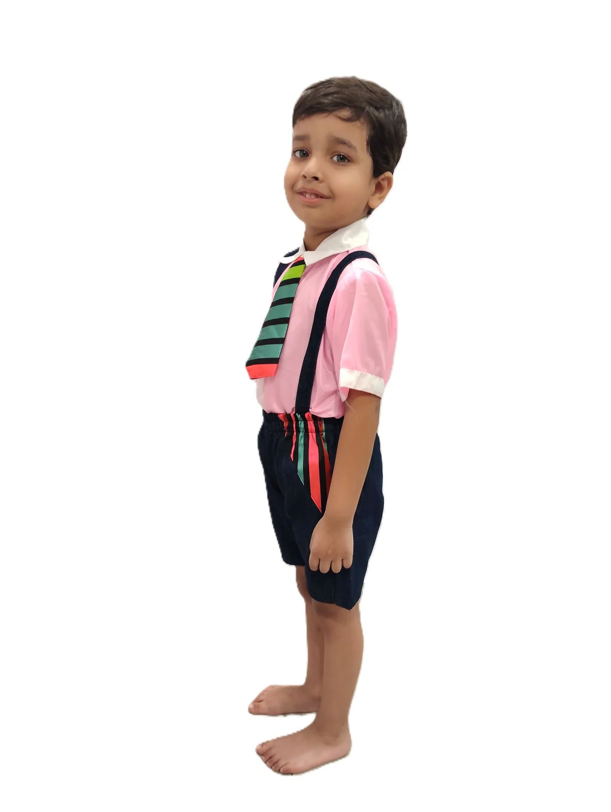 Boy Dangri Style Costume Set | Pink Shirt with Denim Dangri Style Shorts & Colorful Tie | Fancy Dress Costume for Role Play | Boys - Image 4